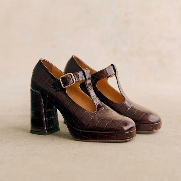 Sezane Monique High Mary Janes Brown Croco - Size 9 - Picture 1 of 11